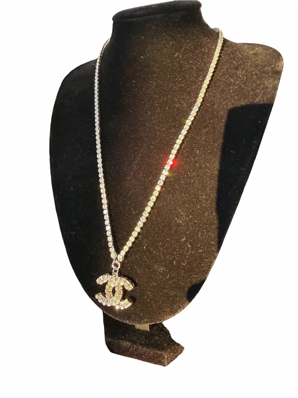 CHANEL Silver Crystal CC Pendant Tennis Chain Necklace